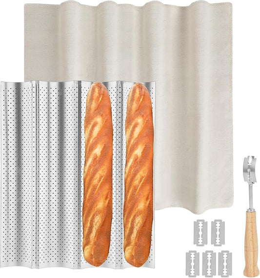 Silver French Baguette Bread Pan Kit, Non-Stick Baguette Tray with Proofing Cloth, Bread Lame for Baking