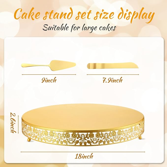 Wenqik 18 Inch Gold Metal Cake Stand Set Round Cupcake Dessert Stand with Cake Cutting & Spatula Candy Table Display for Party Wedding Birthday Baby Shower Housewarming Party Celebration