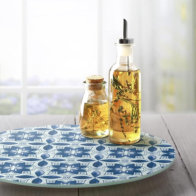 CounterArt Blue Pattern 4mm Tempered Glass Lazy Susan Turntable 13" Diameter Condiment Caddy Cake Plate Pizza Server