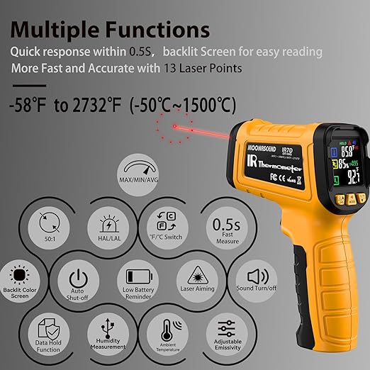Infrared Thermometer Gun -58°F to 2732°F, IR Temperature Gun with K-Type Probe for Internal Readings, 50:1 High Temp Laser Thermometers Tool for Kilns, Furnaces, HVAC, BBQ Home & Industrial Use