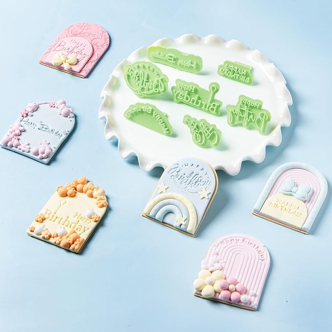 KALAIEN 8 Pcs Happy Birthday Fondant Letter Cutters,Cookie Stamps for cake Cookie Baking Decoration,Happy Birthday Fondant Stamp