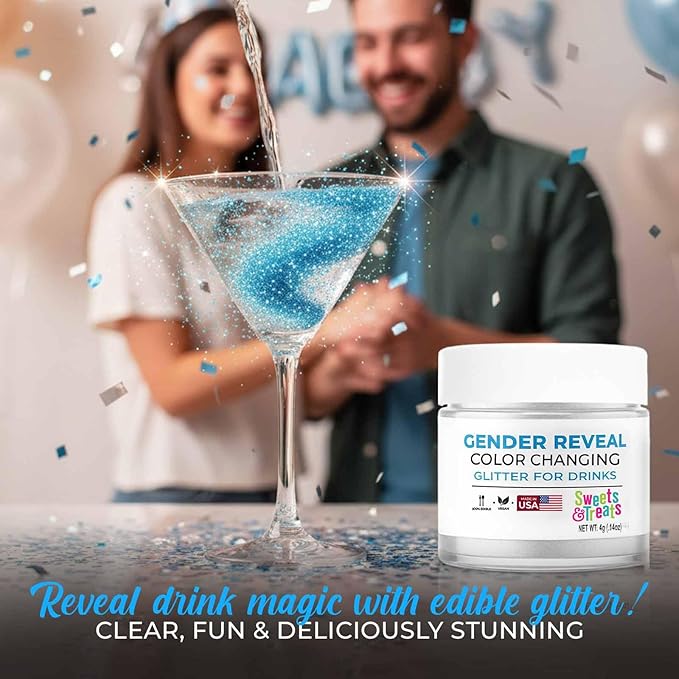Sweets & Treats Boutique Gender Reveal Decorations Edible Glitter for Drinks, Magical Ideas, Surprise Boy or Girl Sprinkles as Drink Brew Glitter, Baby - Blue