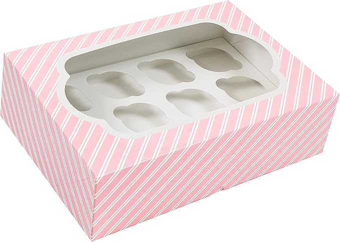 Global Sugar Art Auto-Popup Quarter Sheet Cake & Cupcake Box with Window and Cupcake Insert, Pink Striped 14 x 10 x 4 Inches, 5 Count