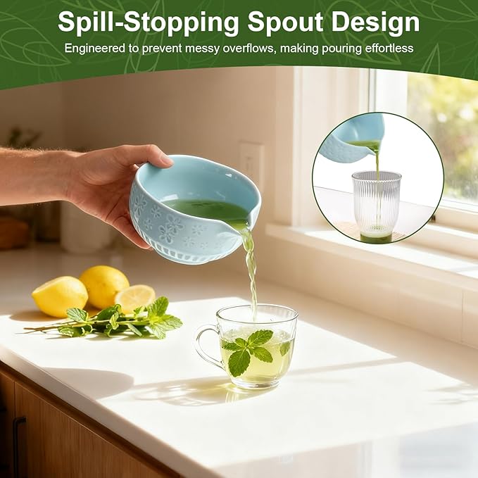 Matcha Set, 9 Pcs Ceramic Matcha Set Includes Bowl, Whisk and Holder, Bamboo Scoop, Scoop Rest, Sifter and Tea Towel ect- Complete Kit for Traditional Matcha, Modern Lattes (Blue)