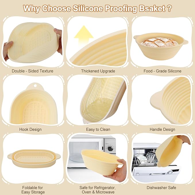 3Pcs Silicone banneton basket(Green),sourdough starter kit,silicone proofing baskets for sourdough bread baking.Folds Storage,Non-stick,Dishwasher Safe