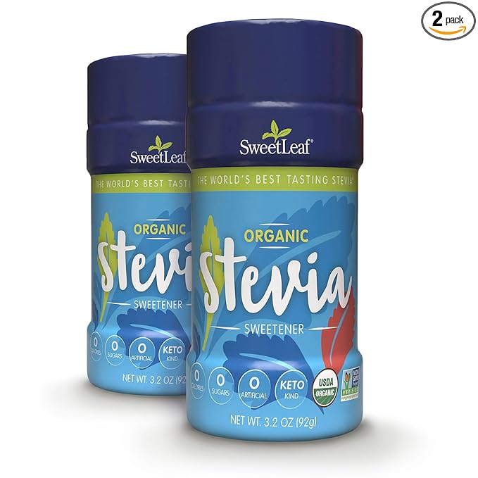 SweetLeaf Organic Stevia Powder Shaker Jar - Zero Calorie Stevia Sweetener, No Bitter Aftertaste, Plant-Based Sugar Substitute, Non-GMO Sweet Leaf Stevia, 3.2 Oz Ea (Pack of 2)