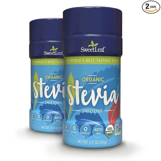 SweetLeaf Organic Stevia Powder Shaker Jar - Zero Calorie Stevia Sweetener, No Bitter Aftertaste, Plant-Based Sugar Substitute, Non-GMO Sweet Leaf Stevia, 3.2 Oz Ea (Pack of 2)
