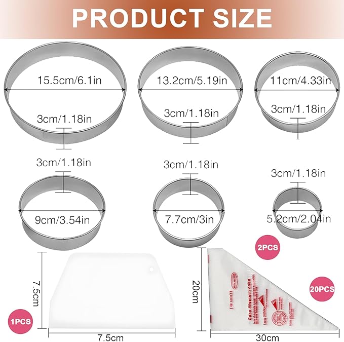 8Pcs Round Cookie Cutter Set,6 Stainless Circle Cookie Cutter(2/3/3.5/4/5/6 Inch) with Hard Flexible Plastic Dough Scrapers and 10 Piping Bags, Biscuit Cutters for Baking Cookies, Pastries and Donuts