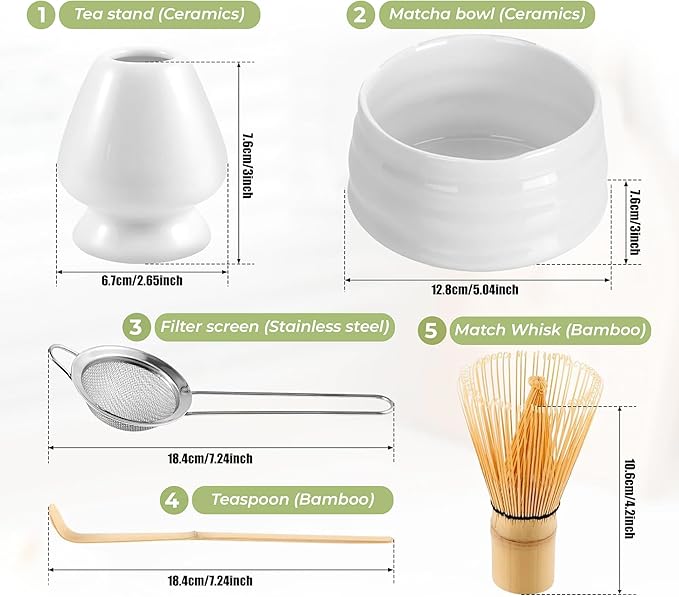 Matcha Whisk Set (5pcs) - Japanese Tea Set includes Matcha Bowl (19 oz) - Bamboo Whisk and Matcha Scoop - Whisk Holder - Stainless Steel Sifter - Tea Making Tools, Matcha Kit