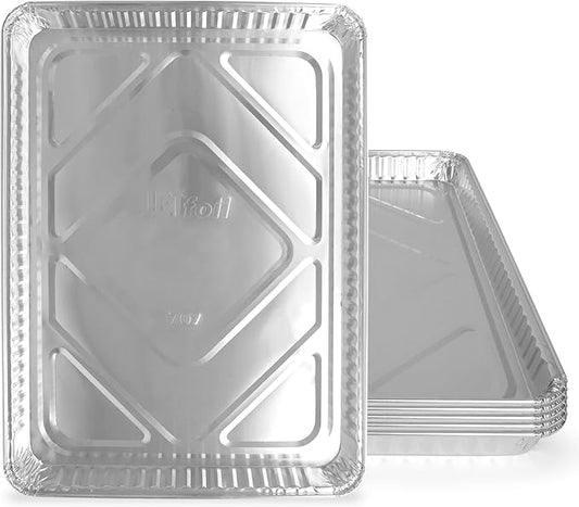 PLASTICPRO Aluminum Pans 5 Pack Disposable Cookie Sheets 13 x 17 Baking Pans Premium Quality Heavy Duty Sheet Pans