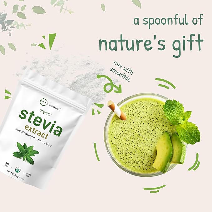 Pure Organic Stevia Powder, 1 Pound (2,837 Servings), Highest Grade Stevia Green Leaf Extract Reb-A | Reduced Bitter Aftertaste | 0 Calorie, Natural Sweetener, Sugar Alternative, Keto Friendly