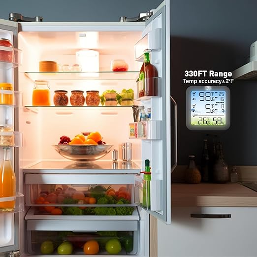 Wireless Freezer Alarm with Remote Temperature Sensor, 330FT Range Digital Thermometer, Backlit Display, 24H Max/Min for Refrigerator, Fridge, Deep Freezer Monitoring to Prevent Food Spoilage