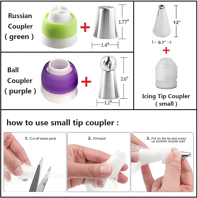 193 Pcs Russian Piping Tips Set, with 28 Numbered Russian Tips,48 Numbered Icing Tips,1 Ball Tip,2 Leaf Tips,Pattern Chart,100 Pastry Bags,4 Couplers,6 Bag Ties for Cake Decorating