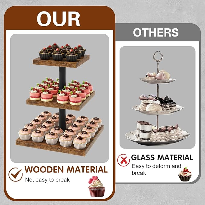 IBUYKE 3 Tier Cupcake Stand,Set of 2,Cupcake Tower,Square Serving Dessert Display Stand,Cupcake Tray Stand,Dessert Tree Tower for Christmas Birthday,Home Party, Wedding,Rustic Brown UTLJ014H-2