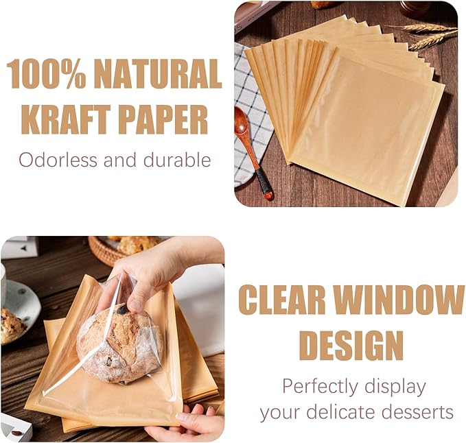 200 Pack Heat Sealable Bakery Bags with Window, Kraft Paper Grease Resistant To Go Cookie Bags for Packaging Donut, Pastries and other Treats (7.1 x 7.5 Inch)