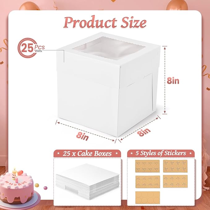 25Pcs 8x8x8 Inch Cake Boxes, White Bakery Boxes with Window, Square Disposable Cake Containers Package for Cookies Pies Bake Decorating Supplies Cupcakes Cajas Pasteles (15 Pcs Stickers)