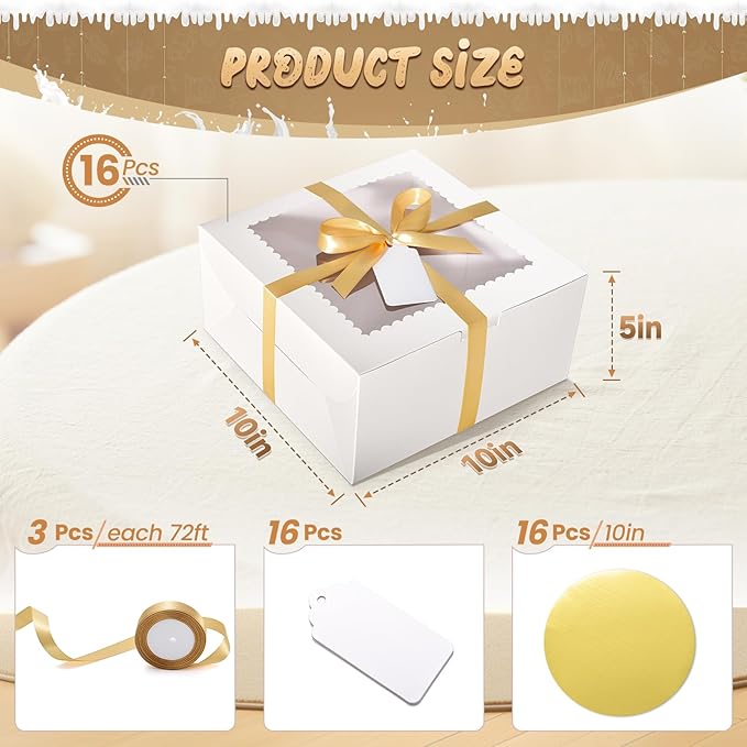 32Pcs 10 Inch Cake Boxes with Cake Boards (16Pcs White Cake Boxes, 16Pcs Cake Boards), 10x10x5 Inch Bakery Boxes with Window, Cake Carrier Container for Birthday Party, Wedding