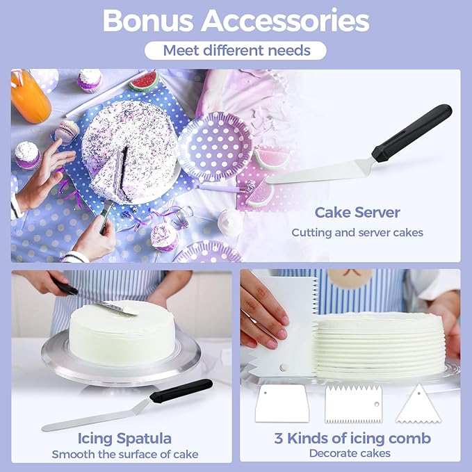 Cake Turntable, Ohuhu Aluminium 12'' Cake Decorating Kit Supplies Rotating Stand Revolving Spinner with 2 Icing Spatula 3 Comb Smoother Christmas Gifts