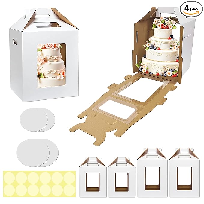 Extra STURDY 4 pack tall cake Box, 2 sizes 10x10x12 & 12x12x14 Inch, 4 cake boards+16 stickers, 2-3 tier bakery transport container with 4 large windows and double handles for wedding, birthday, Party