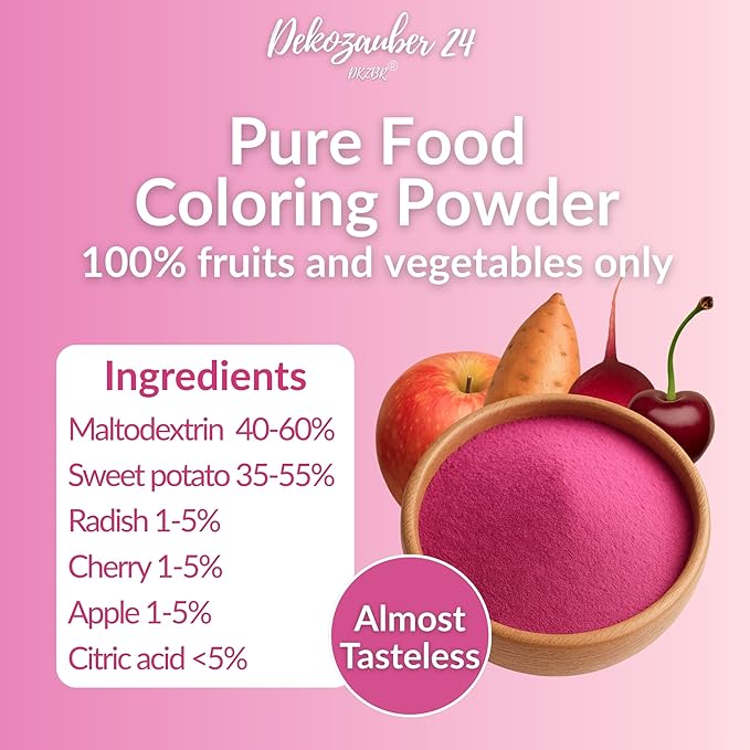 Dekozauber24 Natural pink food coloring, 0.35oz edible powder, dye free, vegan, plant based and gluten free color for baking