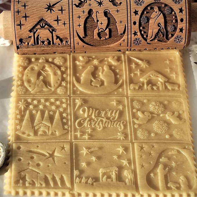 Christmas Wooden Embossing Rolling Pin - Engraved Snowflake Flower Design, Cookie Stamps Roller for Embossed Cookies, Cute Kitchen Decor DIY Baking Tool for Kids and Adults (9 Grilles Jesus)