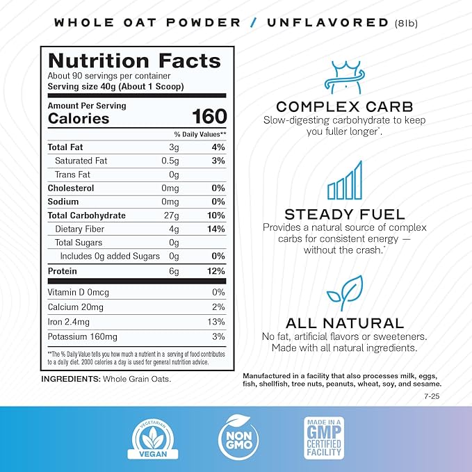 Muscle Feast Whole Oat Powder All Natural Complex Carb Non-GMO, Unflavored, 8lb