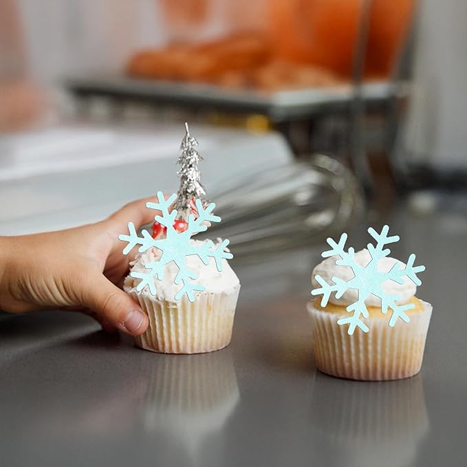 Gyufise 60Pcs Edible Snowflake Cupcake Toppers Winter Cupcake Picks Water Paper Winter Frozen Cake Decorations for Snowflake Theme Baby Shower Kids Birthday Party Supplies Blue