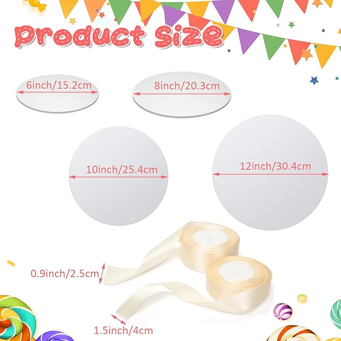 8 Pieces Cake Drums Boards Round Sturdy Cake Drum with 2 Pieces Satin Ribbon for Heavy or Multitiered Cakes (6, 8, 10, 12 Inch)