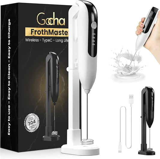 GOCHA | Electric Milk Frother Handheld - Rechargeable Coffee Frother with USB-C & 2 Speeds - Powerful RPM Latte Foam Maker for Cappuccino, Matcha, Hot Chocolate - Includes Stand & Whisk (White)