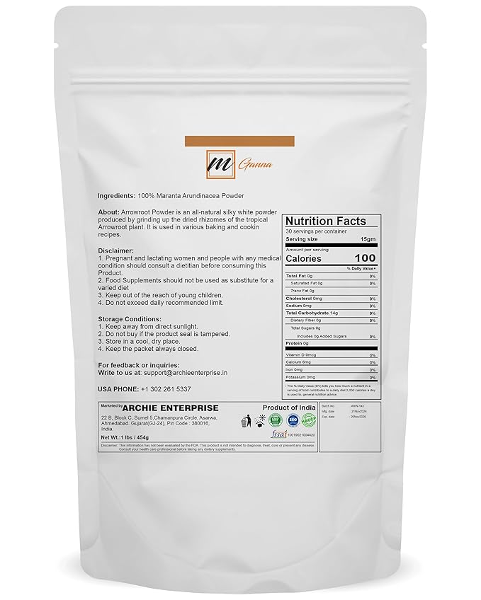 mGanna 100% Natural Arrowroot Powder 454 g / 1 lbs for Baking and Food Recipes (Maranta arundinacea)