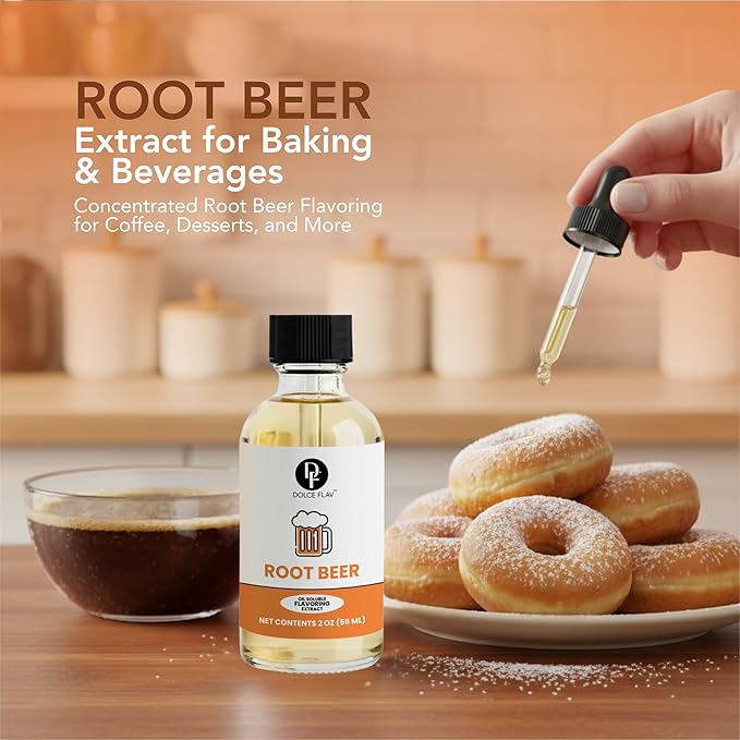 Dolce Flav Root Beer Extract – 2 Ounce Oil-Soluble Kosher, Sugar-Free, Concentrated Classic Root Beer Flavoring for Baking, Chocolates & Desserts, Includes Measured Dropper