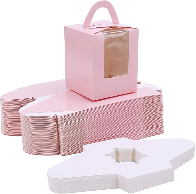 EUSOAR Cupcake Boxes Carriers, 50pcs Pink Single Individual Cupcake Boxes Holders Containers, Portable Paper Muffin Gift Boxes with Window Inserts Handle, for Wedding Birthday Party Treats Boxes