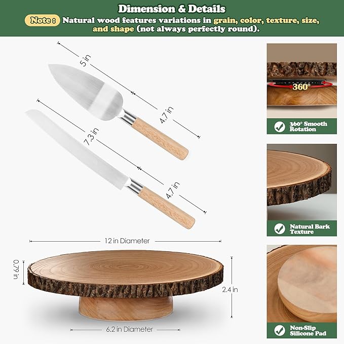 Rotating Cake Stand 12" Wood Cake Stand with Cake Cutting Set,Rustic Wooden Cake Stands for Party/Wedding/Baking Gifts/Event/Cake Turntable for Decorating