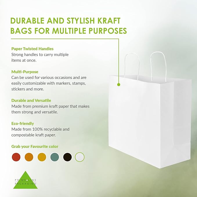 Prime Line Packaging White Gift Bags, Paper Shopping Bags with Handles for Small Business, Boutique, Merchandise, Retail, Party Favors, Bulk, 16x6x12, 100 Pack