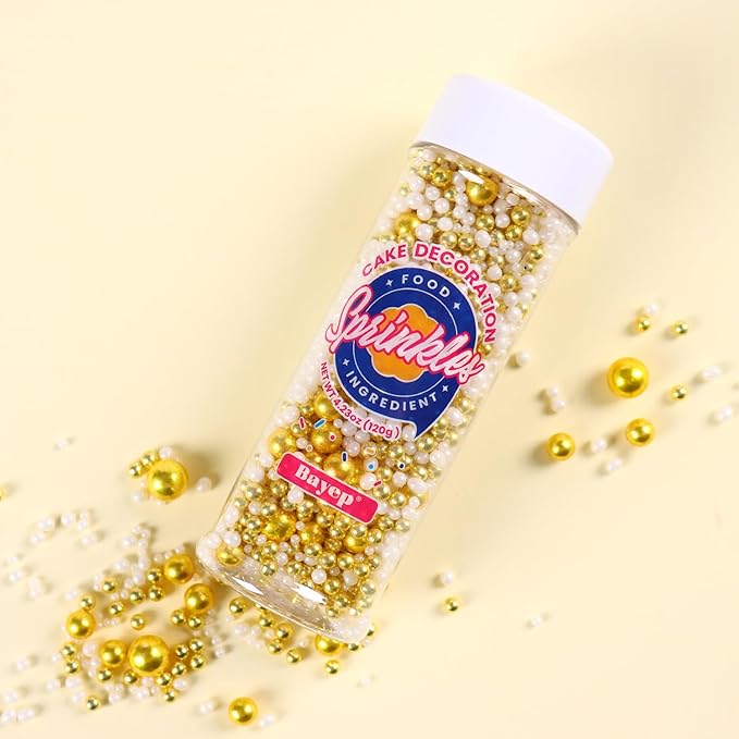 Gold Sprinkles for Cake Decorating White Pearls Sugar Metallic Sprinkles Cupcake Cookies Ice Cream Toppings 4.23 Ounces Cake Decorations Baking Perfect for Wedding New Year’S Eve Christmas Party
