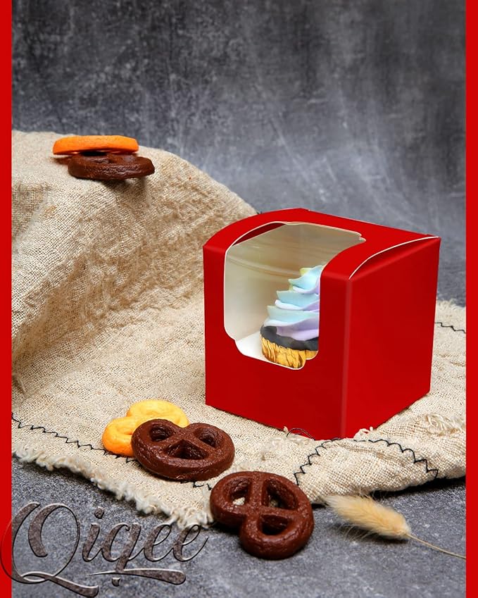 qiqee Red Cupcake Boxes Individual Cupcake Container 60pcs 3.5" x 3.5" x 3.5" Auto-Popup Single Cupcake Boxes (60 Boxes+60 Inserts)