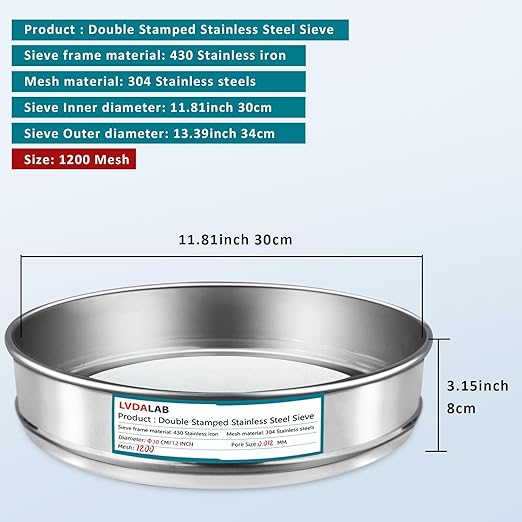 304 Stainless Steel Lab Sieve Screen Mesh, 1200 Mesh(0.012mm) Aperture Test Sieve, 12Inch(30cm) Diameter Economy Standard Analysis Sample Test Sieves for Industrial Laboratory Homes