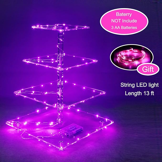 Cupcake Stand, 4-Tier Square Cupcake Holder with LED Light String, Acrylic Cupcake Tower Display-Dessert Tower-Pastry Stand-Cupcake Tier Stand for Wedding, Birthday Party ( Pink Light)…
