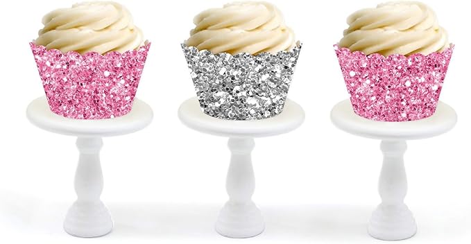 Andaz Press Party Cupcake Wrapper Decorations, Pink And Silver Glitter Paper, 24-Pack, Bulk Cake Supplies Pink Cupcake Wrappers Girl Baby Shower 1st Birthday, Not Real Glitter Silver Cupcake Wrappers