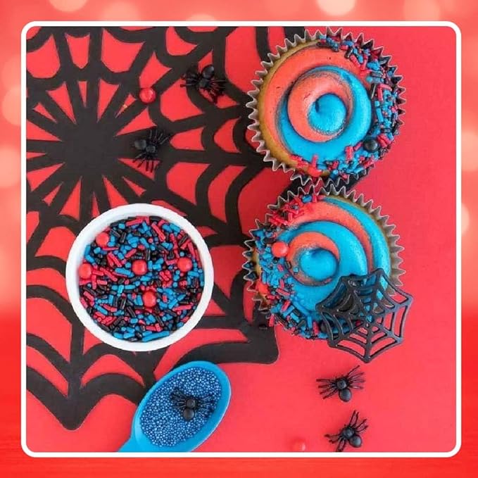 Spiderman Sprinkles for Cake, Cookie, Cupcake Decorating, and Baking - Fancy Edible Spiderman Cake Decorations Sprinkles and Toppings in Red, Blue, and Black Jimmies, Nonpareils, Sugar Pearl