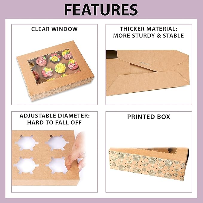 20-Pack Cupcake Boxes Bulk, Cupcake Holder with Lid, Disposable Cupcake Containers,Food Grade Kraft Bakery Boxes with Window to Fit 12 Cupcakes, Cookies,Muffins,Pastry, Long Treats