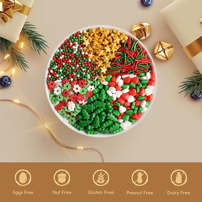 Christmas Sprinkles for Cake Decorating - Fancy Star Cake Sprinkles 6 Cell Edible Cupcake Sugar Mix Set for Holiday Cookie Jimmies for Baking Red Green Gold -6.7OZ
