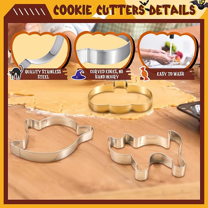 6 Pcs Large Halloween Cookie Cutters 8" Stainless Steel Metal Halloween Baking Cookie Molds for Holiday, Ghost, Bat, Pumpkin, Witch's Hat, Scared Cat, Skull