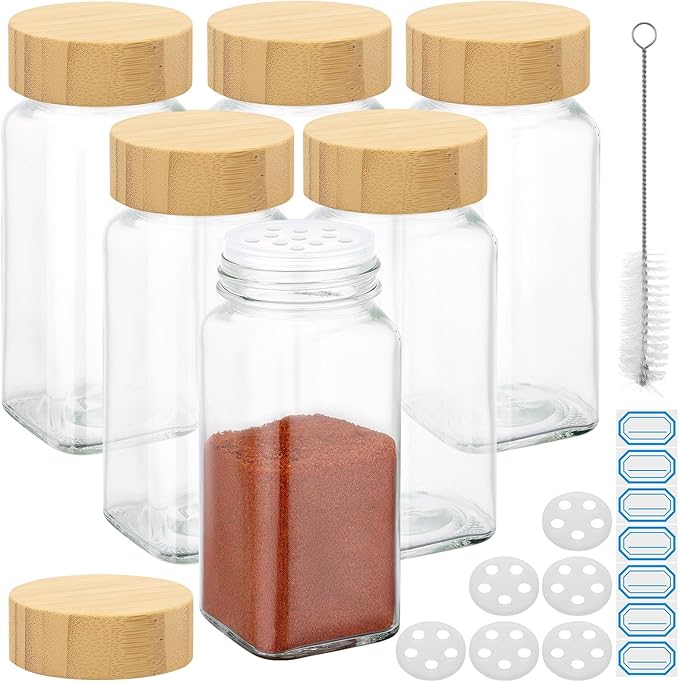 Segarty 4oz Spices Jars with Bamboo Shaker Lids, 6 Pack Square Spice Containers, 120ml Empty Glass Seasoning Organizers Spices Cereal Storage Set, Small Salt and Pepper Shakers, 7 Stickers and 1 Brush
