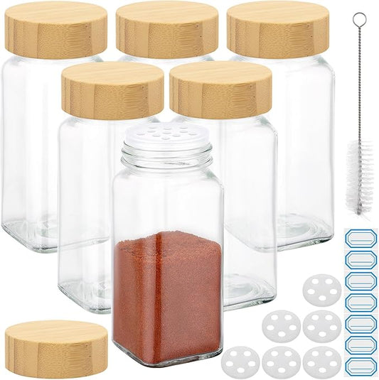 Segarty 4oz Spices Jars with Bamboo Shaker Lids, 6 Pack Square Spice Containers, 120ml Empty Glass Seasoning Organizers Spices Cereal Storage Set, Small Salt and Pepper Shakers, 7 Stickers and 1 Brush