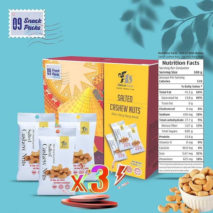 DELUXNUTS Roasted Lightly Salted Cashews (9 Packs), Whole Cashew Nuts, Individual Packs, Healthy Snack for Kids & Adults, Good Source of Protein, Gluten-Free
