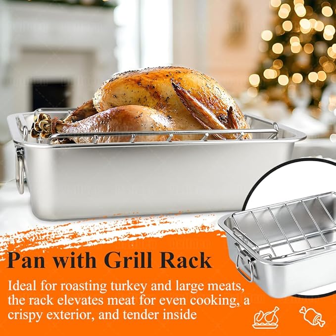 15.5 Inch Stainless Steel Roasting Pan with V-Shaped & Flat Cooling Rack, 6 PCS Set with Meat Claws Pastry Brush, Heavy Duty Deep Turkey Roaster Oven Safe Dishwasher Safe for Chicken Ham Lasagna