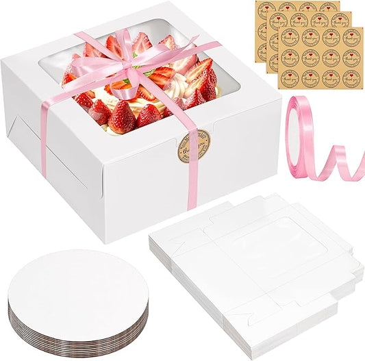 26pcs 10x10x5 Inches White Bakery Boxes Cake Boxes, White Bread Boxes with Windows for Pastries, Cupcakes,Cookies, Pie, Muffins and Donuts, Cake Boards Included