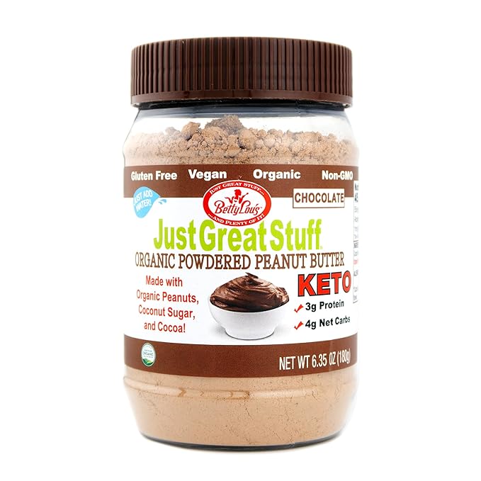 Betty Lou's 100% Organic Chocolate Peanut Butter Powder, Gluten Free, Vegan, Low Calorie, All Natural, High Protein, Deliciously Healthy, Just Add Water (6.35 Oz)