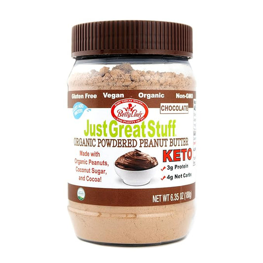 Betty Lou's 100% Organic Chocolate Peanut Butter Powder, Gluten Free, Vegan, Low Calorie, All Natural, High Protein, Deliciously Healthy, Just Add Water (6.35 Oz)